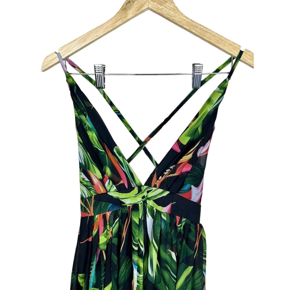 Meghan LA Sheer Maxi Dress Womens Medium Multicolor Tropical Floral Plunge Y2K